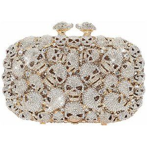 NWT Sparkling Bling Crystal Rhinestone Skull Clutch Purse Silver Gold +F…
